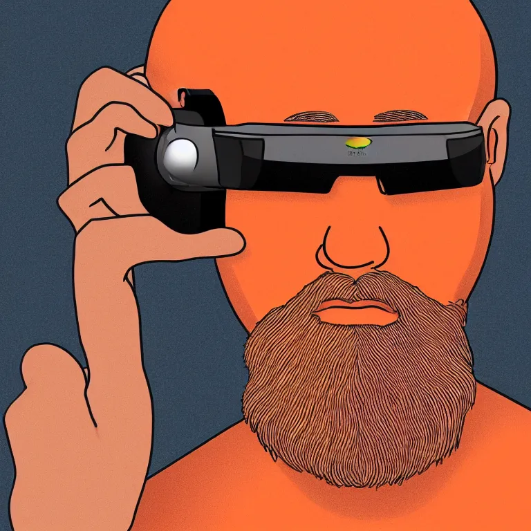 Prompt: illustration of a bald man wearing VR goggle implants, orange beard, masterpiece