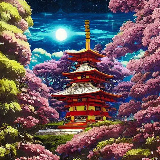 Prompt: a beautiful painting of a large gundam shrine shrouded by mystic nebula magic in a field of flowers by moebius and android jones