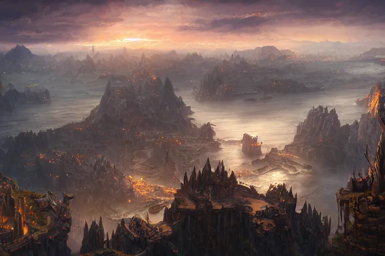 Prompt: high aerial shot, fantasy landscape, sunset lighting ominous shadows, cinematic fantasy painting, dungeons and dragons, a charming port town, harbor, bay by jessica rossier and brian froud and hr giger