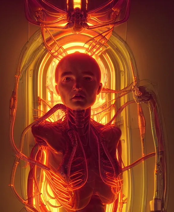 Image similar to intricate neon light portrait of a disturbing terrifying alien insect creature, mottling coloring, adorable, childlike, medical equipment hospital environment, ultra realistic, concept art, art nouveau, photorealistic, octane render, 8 k, unreal engine. art by christopher marley and artgerm and greg rutkowski and alphonse mucha