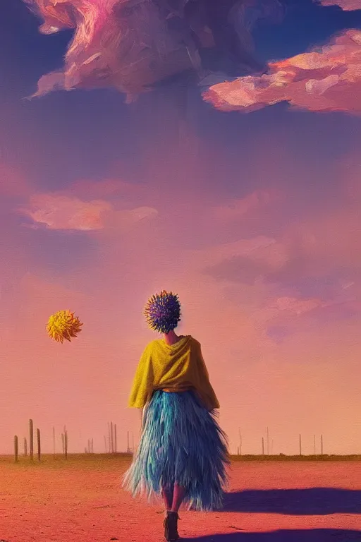 Image similar to giant corn flower head, girl walking in the desert, surreal photography, sunrise, dramatic light, impressionist painting, colorful clouds, digital painting, artstation, simon stalenhag