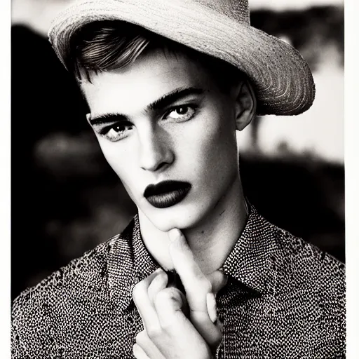 Image similar to a beautiful professional photograph by herb ritts and ellen von unwerth for vogue magazine of a beautiful lightly freckled and unusually attractive and handsome male fashion model looking at the camera in a flirtatious but intelligent and thoughtful way, leica 5 0 mm f 1. 8 lens