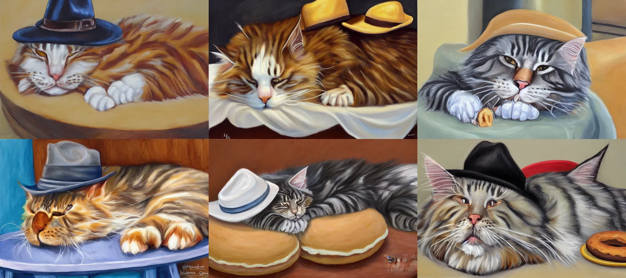 Prompt: realistic painting of arthas the maine coon cat wearing fedora sleeping hearth in bakery donuts cakes