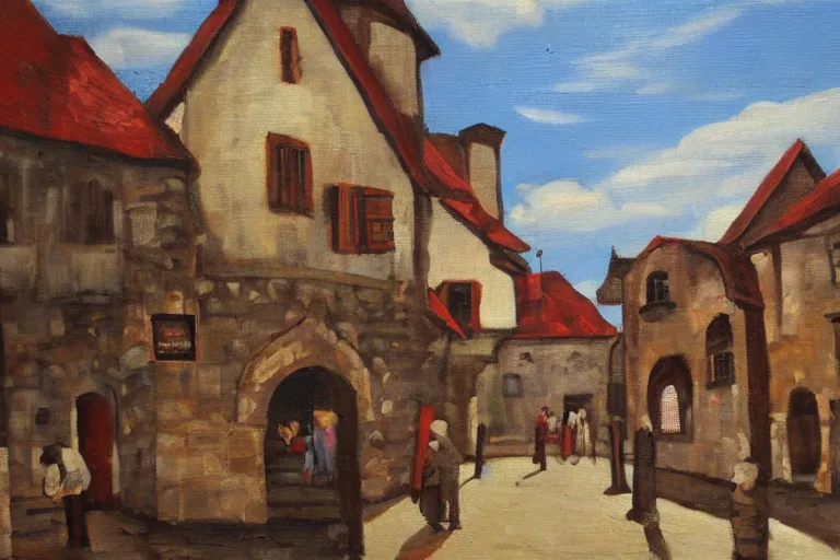 Image similar to middle ages town, oil painting, oil in canvas, brushstrokes