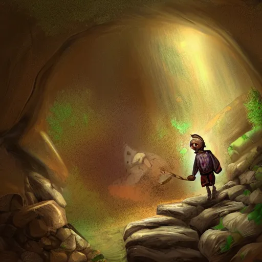 Prompt: an adventurer finding a cake in a dark mysterious cave, digital art