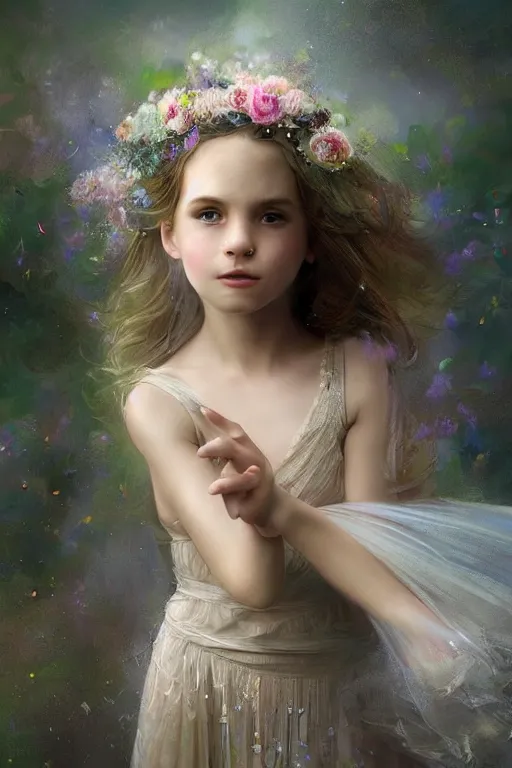 Image similar to very beautiful little girl dancing in the wind, beautiful face, ultradetailed, ethereal, flowers, beautiful wedding dress, gorgeous, volumetric lighting, elegant, digital painting, concept art, illustration, limited color palette, atmosphere and tension, art by greg olsen and liz lemon swindle