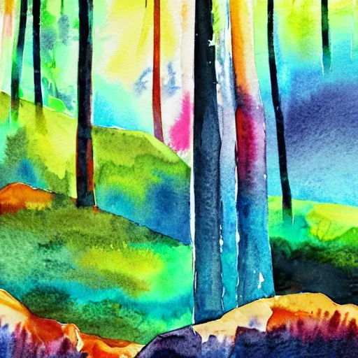 Prompt: abstract landscape of a pacific northwest forest colorful, watercolor 4k