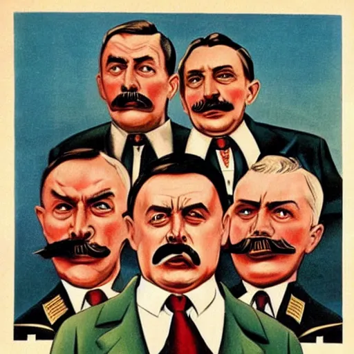 Prompt: leader of fascist hungary, viktor orban, adolf hitler and joseph stalin win farting contest together, soviet propaganda poster art from 1 9 4 4, colored, highly detailed illustration