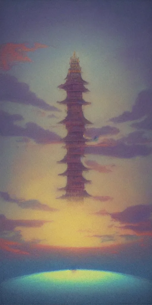 Image similar to “ a landscape pastel in the style of noriyoshi ohrai of an ancient holy tower, it has iridescent mana radiating from it. it is centered. the background is the sky at night. retrofuturistic fantasy ”