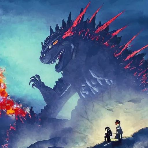 Image similar to godzilla fighting a gundam in kyoto in the style of studio ghibli