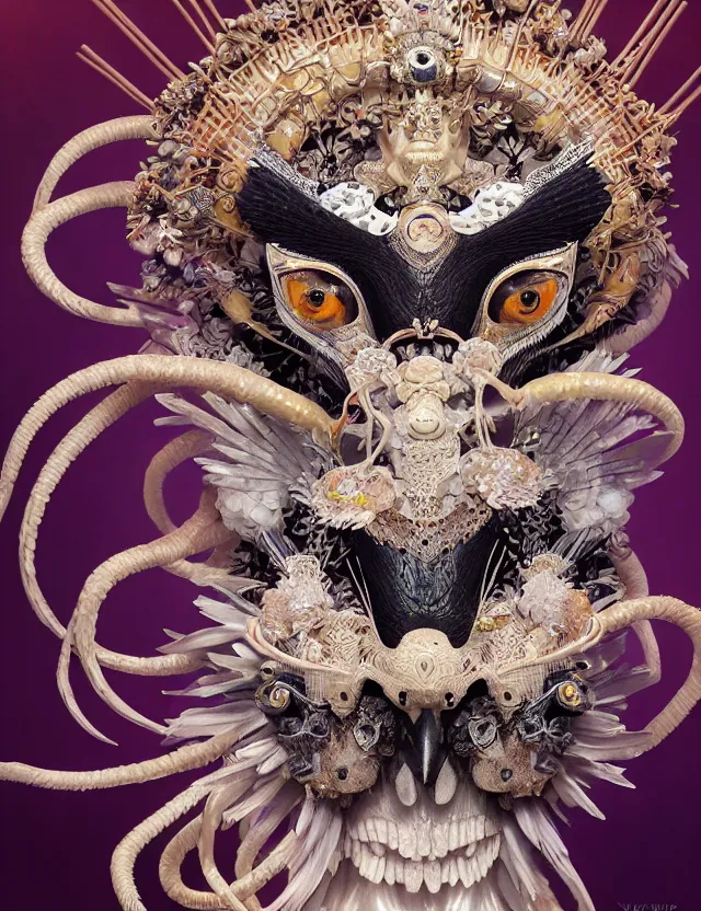 Image similar to goddess macro close - up portrait with crown and mask made of ram skull. beautiful intricately detailed japanese crow kitsune mask and clasical japanese kimono. betta fish, jellyfish phoenix, bioluminescent, plasma, ice, water, wind, creature, artwork by tooth wu and wlop and beeple and greg rutkowski