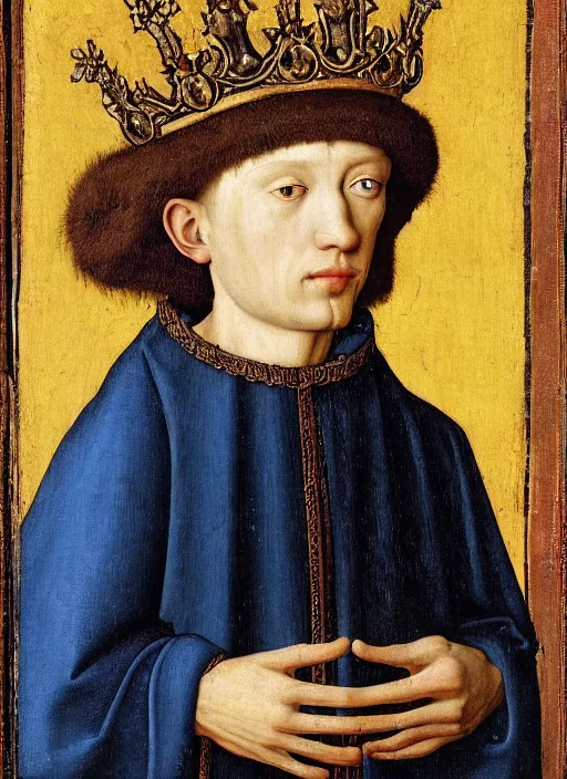 Image similar to portrait of a young man who is a king with a crown, medieval painting by Jan van Eyck, Florence