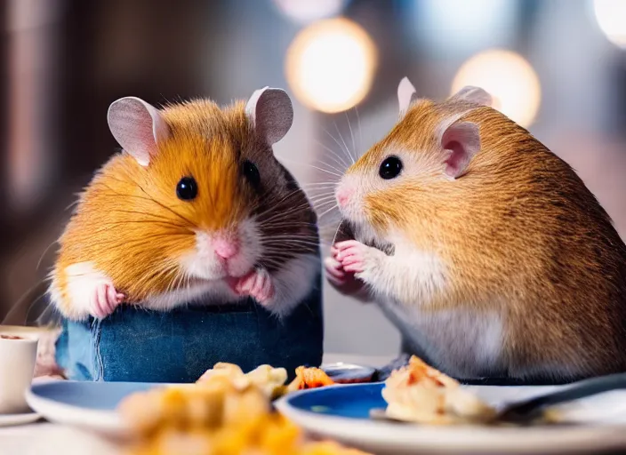 Image similar to photo of a hamsters on a date, eating various michelin dishes, at night, faded colors, candlelit restaurant table, various poses, soft light, centered, sharp focus, 8 k