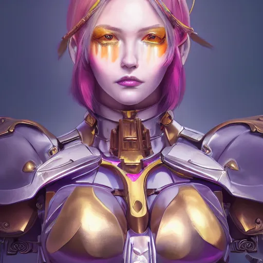 Image similar to studio portrait of lawful good colorful female holy mecha paladin absurdly beautiful, elegant, young sensual graceful woman, ultrafine hyperrealistic detailed face illustration by kim jung gi, irakli nadar, intricate linework, sharp focus, bright colors, matte, octopath traveler, final fantasy, unreal engine highly rendered, global illumination, radiant light, intricate environment