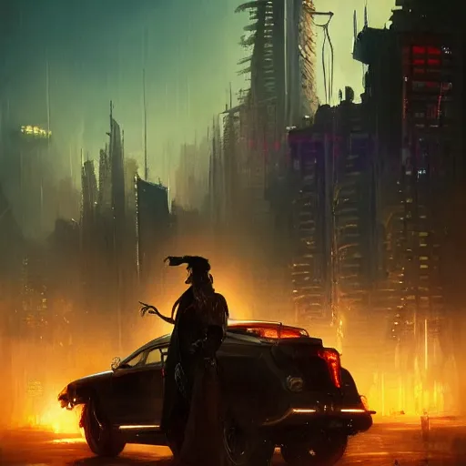 Image similar to cyberpunk wild west, dramatic lighting, city background, chiaroscuro, high detail, painted by greg rutkowski, painted by igor kieryluk, painted by bobby chiu, trending on artstation