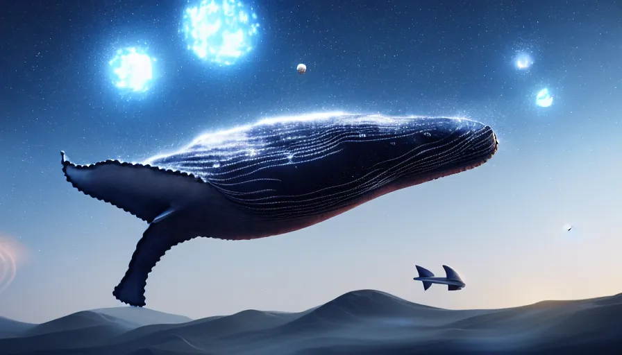 Image similar to highly detailed cinematic scifi render of a flying whale over the tuscany skies, cypresses and hills, stars and planets, hyper detailed, digital art, cinematic lighting, studio quality, smooth render, unreal engine 5, octane render, trending on artstaion.