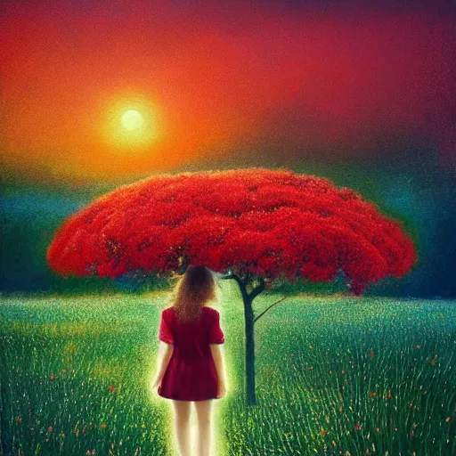 Image similar to large red flower afro, full body, girl walking in the middle of a field with flowers, surreal photography, hills, sunrise dramatic light, impressionist painting, colorful clouds, digital painting, pointillism, artstation, simon stalenhag