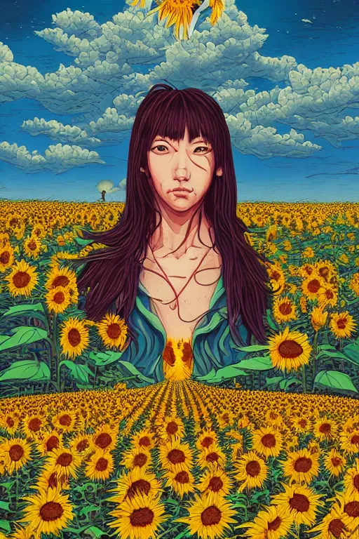 Prompt: yuuka kazami woman standing in a sunflower field, detailed upper body, beautiful face, detailed eyes, by dan mumford, trending on artstation, psychedelic, lsd