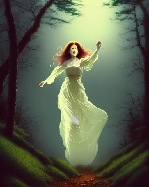 Prompt: in the style of thomas kinkade, shinsui ito, joshua middleton, transparent female ghost screaming, flowing dress, full body, in the woods, moody lighting, dark fantasy