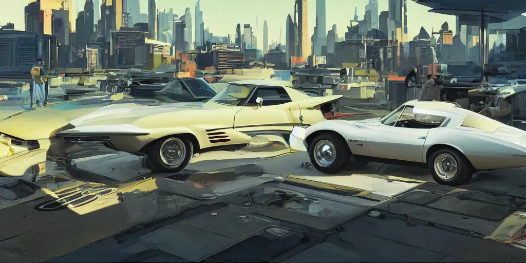 Image similar to art style by Ben Aronson and Edward Hopper and Syd Mead, wide shot view of the Cyberpunk 2077, on ground level. full view of the Corvette 1969 with wide body kit modification.