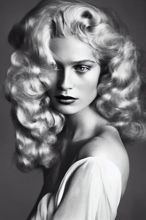 Prompt: stunning award - winning portrait by peter lindbergh of a beautiful young feminine blonde woman. vintage hollywood glamour. long shiny wavy glam hair. long curly hair. glam makeup. vogue. fashion photography. sharp focus. canon 5 0 mm.
