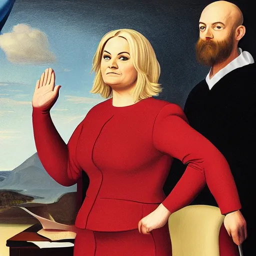 Prompt: hyperdetailed elaborate minimalist photorealistic portrait of Leslie Knope taking the oath of office as president of the united states in the style of Caravaggio