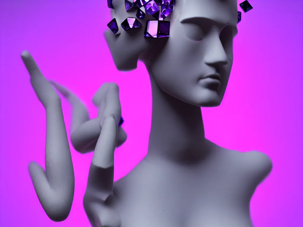 Image similar to beautiful mannequin sculpted out of amethyst by billelis + lit with purple 3 d geometric neon + chrome geometric cubed bonsai plants!!!!, dark grey clouds + neon pink lightning in background, clean linework, dramatic, finely detailed, rule of thirds, moody, confident, award winning, 4 k, trending on artstation, photorealistic, volumetric lighting, octane render