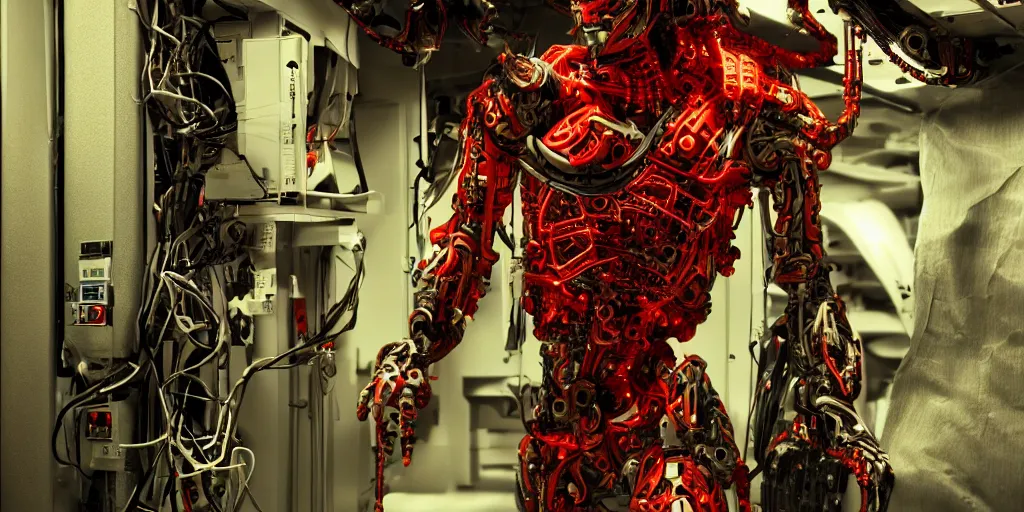 Image similar to cyborg in the data center, wired to the equipmen, red biomechanical details, wearing epic bionic cyborg implants, inflateble shapes, masterpiece, intricate, biopunk, highly detailed, artstation, concept art, cottage core, cinematic focus, polaroid photo, bleached, vintage, high - key lighting, soft lights, foggy, by tarkovsky, 8 k