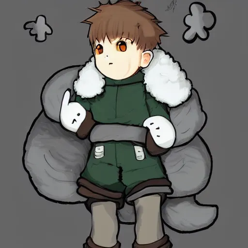 Image similar to little boy wearing sheep suit. white, gray, blue, green and brown pallet color. made in abyss art style, inspired in kris from deltarrune, cute detailed artwork, anatomically perfect