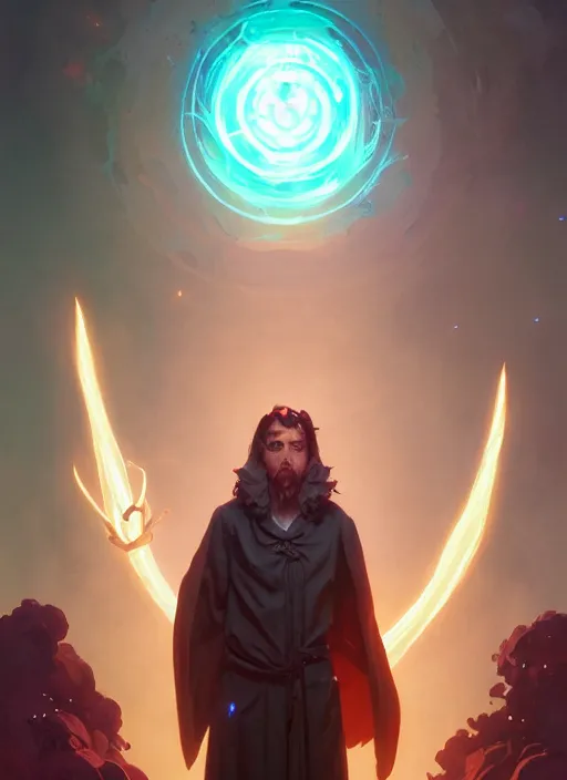 Image similar to highly detailed vfx portrait a mage casting a spell, stephen bliss, unreal engine, sigils greg rutkowski, loish, rhads, beeple, makoto shinkai and lois van baarle, ilya kuvshinov, rossdraws, tom bagshaw, alphonse mucha, global illumination, detailed and intricate environment