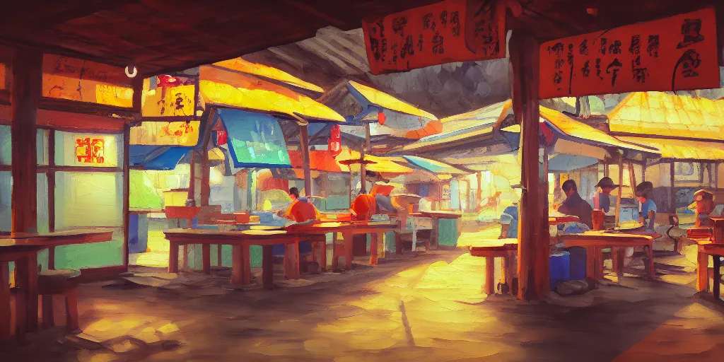 Image similar to interior of a small kopitiam at pulau indah fishing village, near a jetty, early morning, detailed painting, low angle view, telephoto lens, bokeh, studio ghibli, artstation