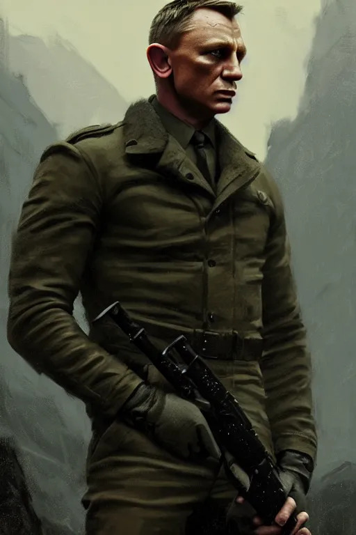 Image similar to cinematic shot of an epic portrait of daniel craig dressed in military clothes, stylised military clothes, shiny skin, beautiful eyes, beautiful, small details, night setting, realistic poster with volumetric light from craig mallism, artgerm, jeremy lipkin and michael garmash, unreal engine, radiant light, digital art, trends at art station, a masterpiece