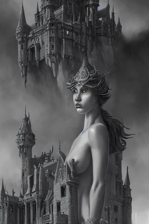 Prompt: By Tom Bagshaw and Boris Vallejo, ultra realist soft painting of a castle court by night female fully dressed, horror, omnious sky, symmetry accurate features, very intricate details, fading rainbow light, black and white, volumetric light clouds, artstation, 8K