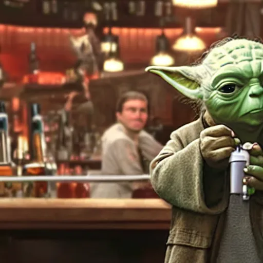 Image similar to film still of yoda drinking beer in a bar in the new star wars movie 4 k