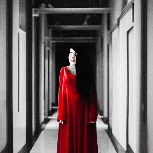 Prompt: woman with long black hair and red eyes standing in a dark hallway, wearing a red dress, 8k, photography, professional, cinematic lighting, film, high quality, depth of field, dark colors,