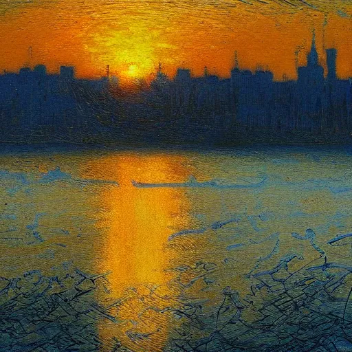 Image similar to sunrise over the dnipro river, by ivan marchuk