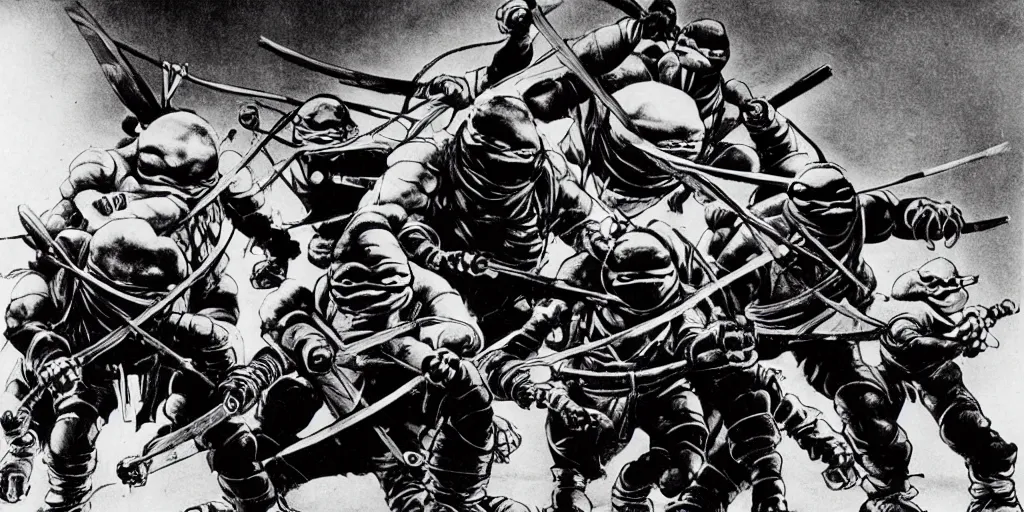 Image similar to old photo of robot ninja fighting teenage mutant ninja turtles by akira kurosawa