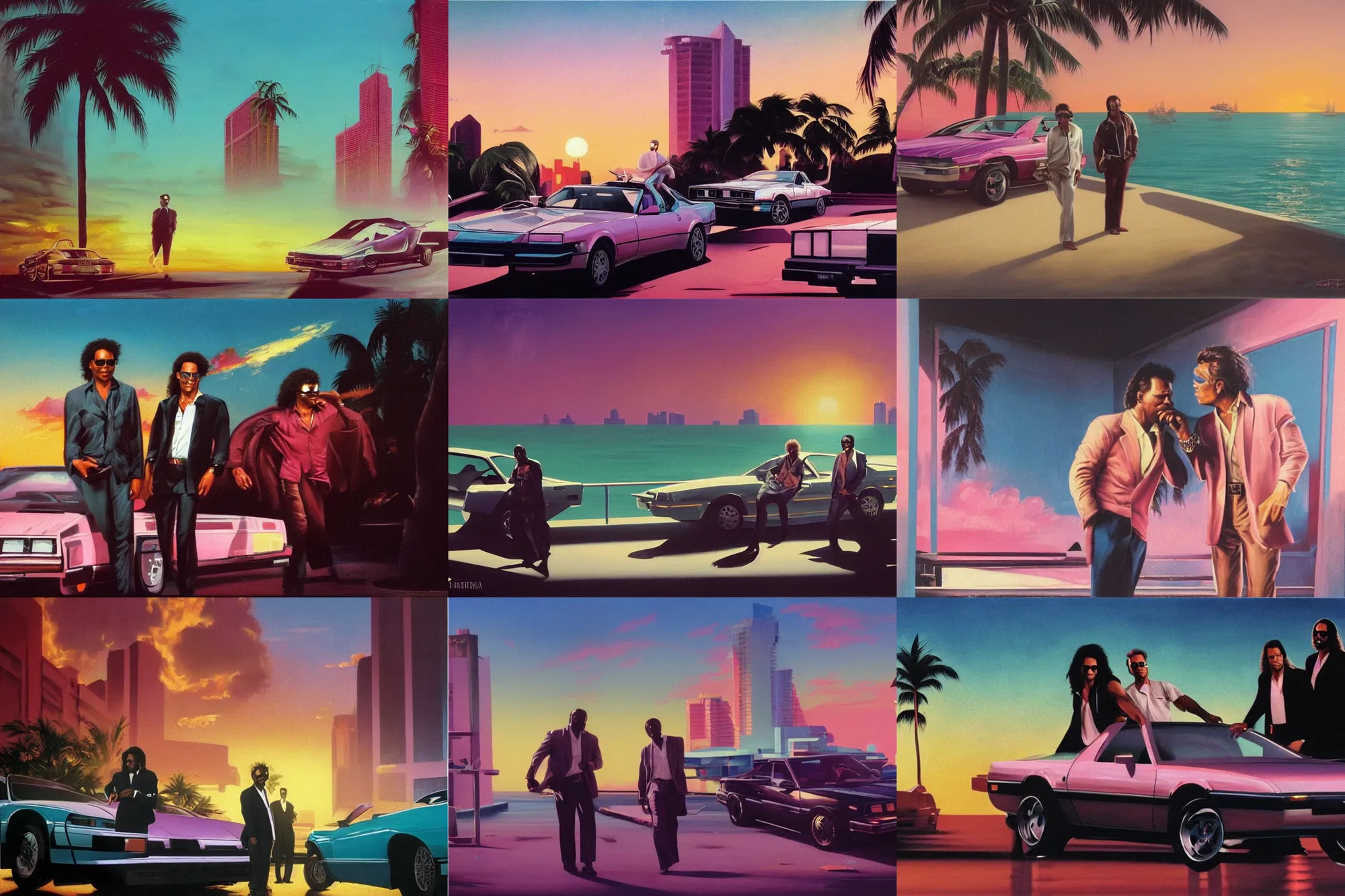 Prompt: an oil painting of crockett and tubbs, eighties miami vice, southbeach nightclub, ultra realistic, highly detailed, sunset, masterpiece, cinematic by frank frazetta, greg rutkowski, beeple, christian macnevin, beeple, wlop, krenz cushart, epic fantasy character art, volumetric lighting, cgsociety, pink and teal