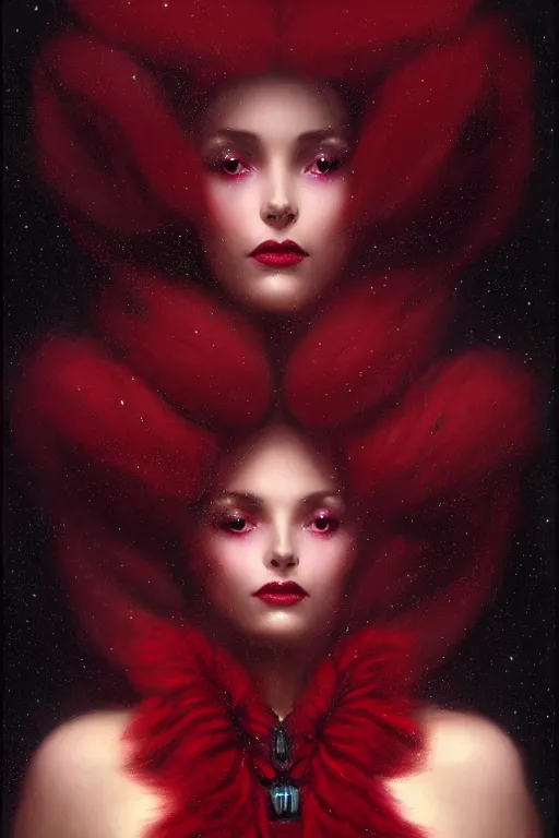 Image similar to Nocturne, glowing, stars, a portrait of a beautiful female shadow djinn creature with long fur collar, highly detailed, mysterious, ethereal, dressed in red violet velvet, haute couture, illustration, dramatic lighting, soft details, painting, by Edmund Blair Leighton, Brom, Charlie Bowater, trending on artstation, faces by Tom Bagshaw, otto schmidt