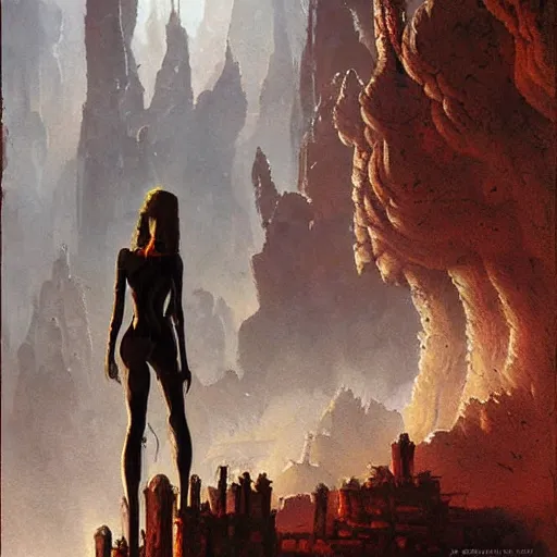 Prompt: fantasy painting with a woman in a surreal environment by Greg Rutkowski and Michael Whelan