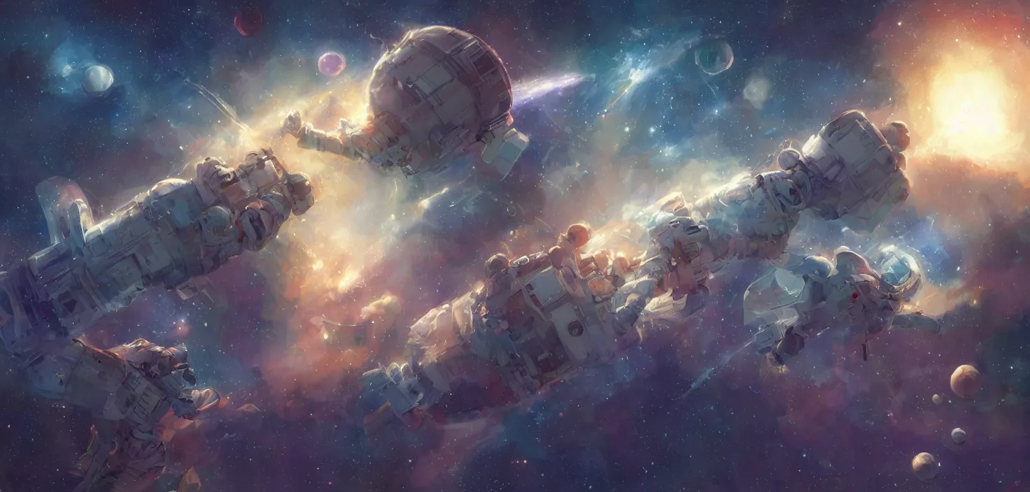 Prompt: craig mullins and ghibli digital illustration of an astronaut floating in the middle of the cosmos doing jazz improv, full body, strong contrast, earth, galaxies, ethereal, inviting, bright, raking light from constellations, unreal engine, hyper realism, realistic shading, cinematic composition, realistic render, octane render, detailed textures, photorealistic, wide shot