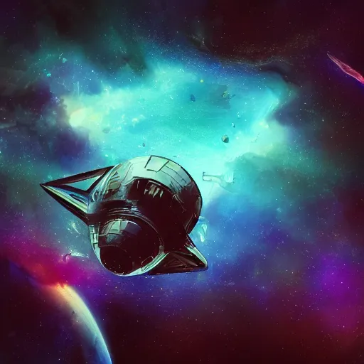 Image similar to A space ship in a nebula, highly detailed, deep depth of field, bionic, digital illustration, digital art, deep 3 point perspective, fish eye, dynamic scene, ultra detail, ultra-realistic, by Usagiinc and Ekaterina Savic