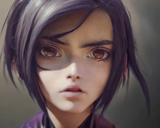 Image similar to battle angel alita, beautiful portrait, watery doe eyes, mouth agape, photorealistic, lifelike, human actress, octane engine, cinematic lighting, high detail, high resolution