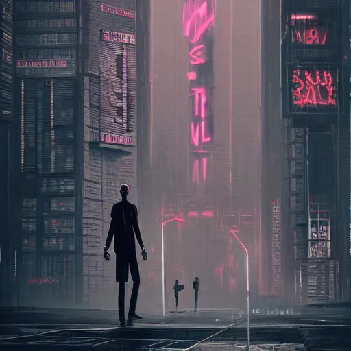 Prompt: A tall slender man in a techwear outfit, high quality, digital art, dire cyberpunk city, gray sky, neon signs in background, greg rutkowski