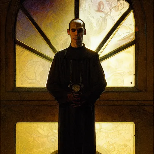 Image similar to Close up of a young, thin and stern catholic priest in his thirties fervently praying as he is about to die from the ominous terrifying Lovecraftian yellow shadow descending upon him from the night sky. Low angle, dramatic lighting. Art by Greg Rutkowski and Alphonse Mucha