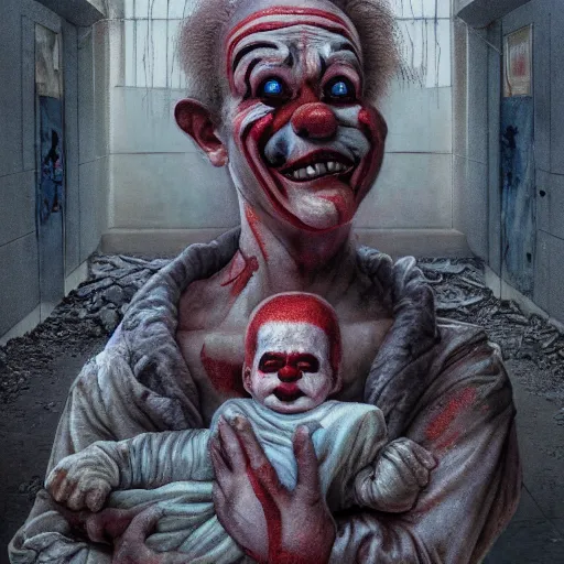 Image similar to a clown holding a baby inside an abandoned hospital, wayne barlowe, symmetrical, surreal, magic surrealism, very coherent symmetrical artwork, cinematic, hyper realism, high detail, octane render, 8 k