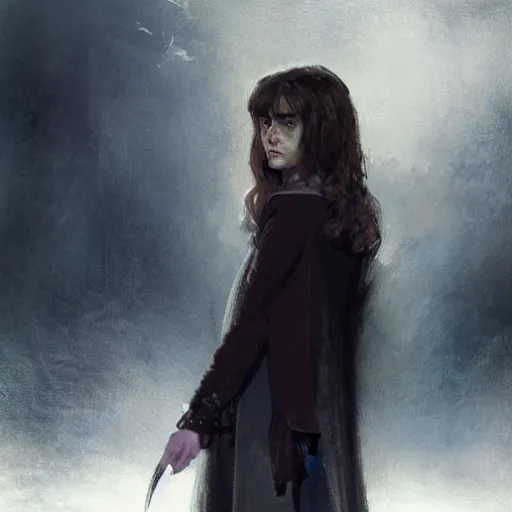 Image similar to daniel radcliffe in the role of hermione, by greg rutkowski