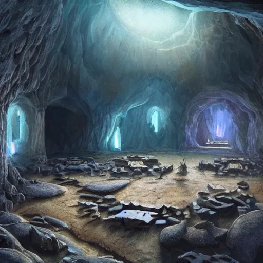 Image similar to beautiful matte painting of the inside of a cave with glowing crystals on the walls and bones on the floor, fantasy, sharp focus