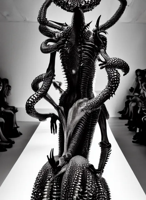 Prompt: walking down the catwalk, tim walker, show, stage, vogue photo, podium, fashion show photo, historical baroque dress dark, iris van herpen, beautiful woman, masterpiece, intricate, biopunk, vogue, full body shot, alien, plant predator, guyver, jellyfish, white biomechanical details, highly detailed