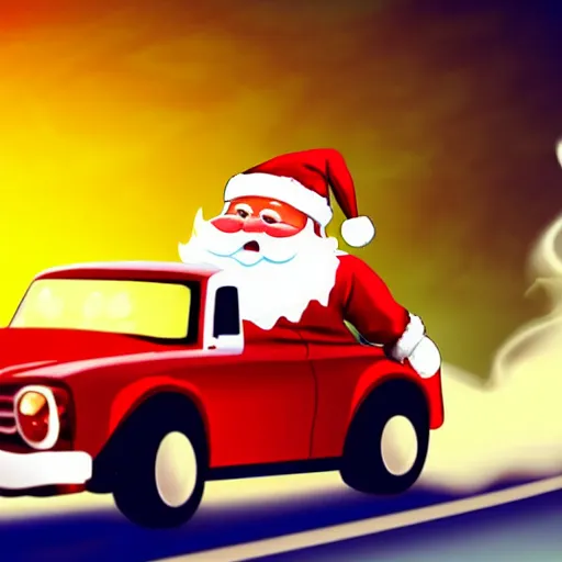 Prompt: Santa Clause driving a rally car he is going fast there is smoke coming from the tires there is snow on the track you can clearly see Santa Clause driving he is fat and jolly, realistic lighting, realistic shadows, highly reflective, photo realistic, hyper realistic